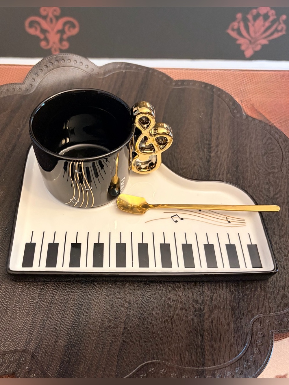 Black & Gold Musical Ceramic Mug with Piano Saucer